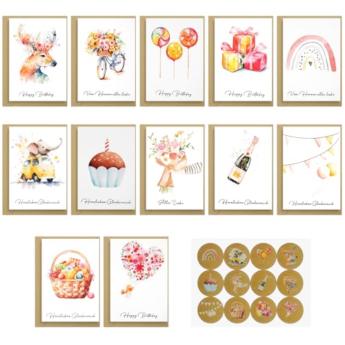 winbest Geburtstagskarte, 12 Klappkarten Geburtstagskarten set mit umschlag aus Kraftpapier und 12 aufkleber, birthday card Aquarell Geburtstagskarten für Kinder und Erwachsene winbest Geburtstagskarte, 12 Klappkarten Geburtstagskarten set mit umschlag aus Kraftpapier und 12 aufkleber, birthday card Aquarell Geburtstagskarten für Kinder und Erwachsene von winbest