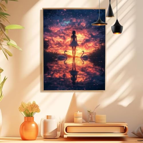 Malen Nach Zahlen MäDchen Muster, Schwan Malen Nach Zahlen Erwachsene Groß 90x120cm, DIY Handgemalt Leinwand Ölgemälde Acrylfarben Kit, Paint by Numbers für Wanddeko Wohnzimmer, Ohne Rahmen,Model 365 von wionheng