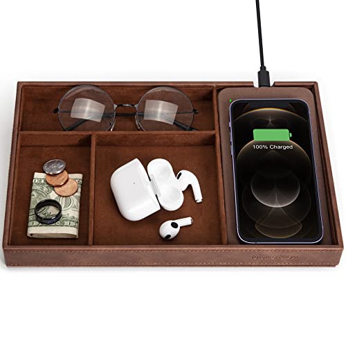 Valet Tray, integriertes kabelloses Ladepad, Nachttisch-Organizer, Kommoden-Organizer, Herren-Schmuckschatulle, Valet-Ladestation, Kunstleder-Tablett für Männer und Frauen, Braun Valet Tray, integriertes kabelloses Ladepad, Nachttisch-Organizer, Kommoden-Organizer, Herren-Schmuckschatulle, Valet-Ladestation, Kunstleder-Tablett für Männer und Frauen, Braun von wireless future charger