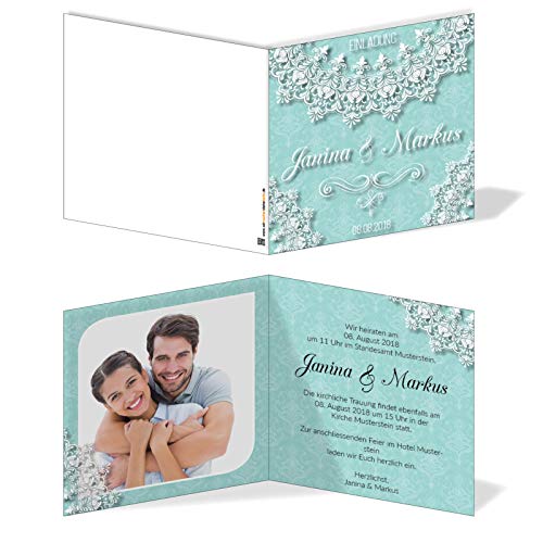 Einladungskarten Hochzeit Hochzeitskarten mit Druck - Türkis&Spitze von wirmachendeinekarte.de