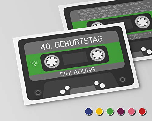 Einladungskarten zum Geburtstag (10 Stück) Einladung zum runden Geburtstag alle Jahre (Grün) Retro Kassette von wirmachendeinekarte.de