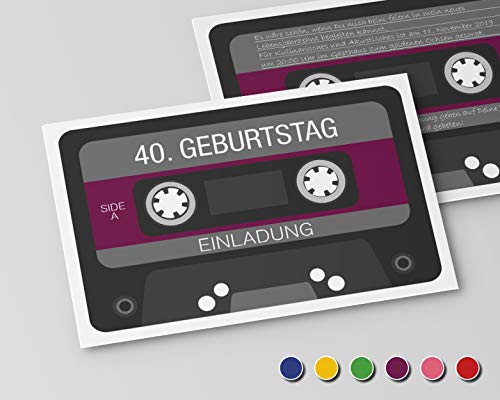 Einladungskarten zum Geburtstag (40 Stück) Einladung zum runden Geburtstag alle Jahre (Lila) Retro Kassette von wirmachendeinekarte.de
