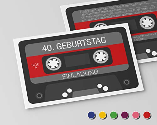 Einladungskarten zum Geburtstag (50 Stück) Einladung zum runden Geburtstag alle Jahre (Rot) Retro Kassette von wirmachendeinekarte.de