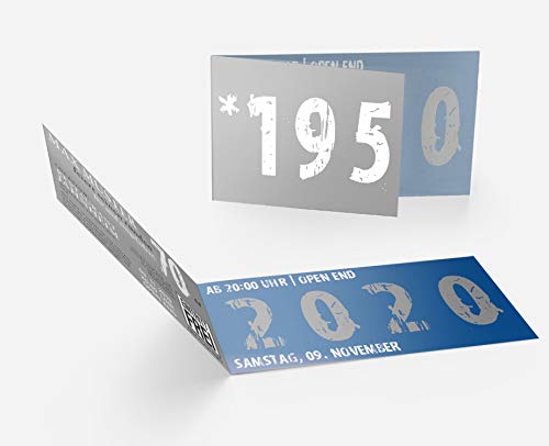 Runder Geburtstag Einladungskarten 70 Jahre Geburtstagseinladungen - Zeitsprung Einladung für runden Geburtstag 70er Feier Blau-Grau (10) von wirmachendeinekarte.de