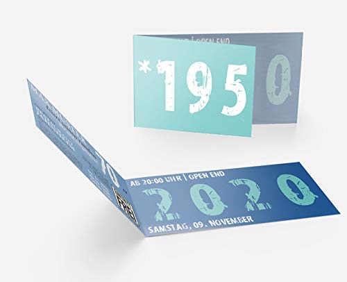 Runder Geburtstag Einladungskarten 70 Jahre Geburtstagseinladungen - Zeitsprung Einladung für runden Geburtstag 70er Feier Blau-Türkis (10) von wirmachendeinekarte.de