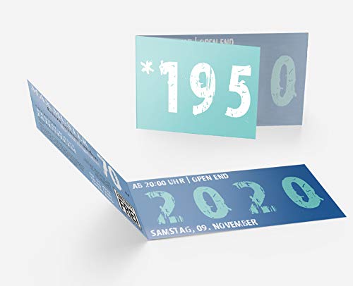 Runder Geburtstag Einladungskarten 70 Jahre Geburtstagseinladungen - Zeitsprung Einladung für runden Geburtstag 70er Feier Blau-Türkis (30) von wirmachendeinekarte.de