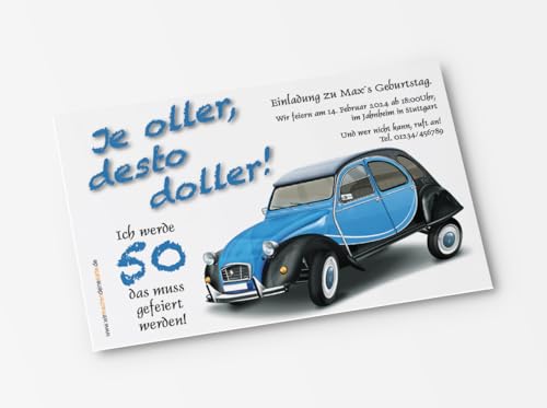 10x Einladungskarten zum Geburtstag Oldtimer Herbie - witzige Einladungskarten zum Geburtstag (2CV-Blau) von wirmachendeinekarte