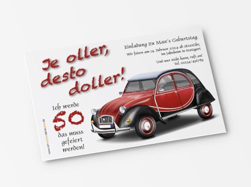 10x Einladungskarten zum Geburtstag Oldtimer Herbie - witzige Einladungskarten zum Geburtstag (2CV-Rot) von wirmachendeinekarte