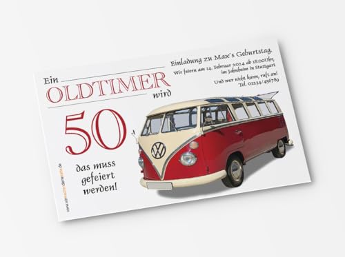 10x Einladungskarten zum Geburtstag Oldtimer Herbie - witzige Einladungskarten zum Geburtstag (Bully-Rot) von wirmachendeinekarte