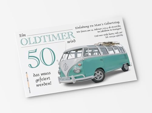 10x Einladungskarten zum Geburtstag Oldtimer Herbie - witzige Einladungskarten zum Geburtstag (Bully-Türkis) von wirmachendeinekarte