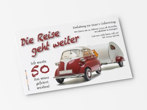 10x Einladungskarten zum Geburtstag Oldtimer Herbie - witzige Einladungskarten zum Geburtstag (Isetta-Anhänger) von wirmachendeinekarte
