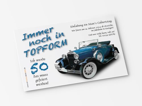 10x Einladungskarten zum Geburtstag Oldtimer Herbie - witzige Einladungskarten zum Geburtstag (Oldtimer-Blau) von wirmachendeinekarte