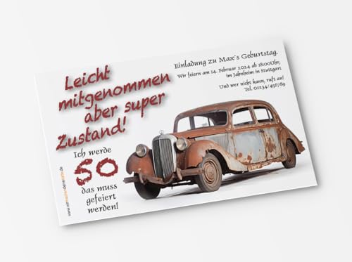 10x Einladungskarten zum Geburtstag Oldtimer Herbie - witzige Einladungskarten zum Geburtstag (Rostlaube) von wirmachendeinekarte