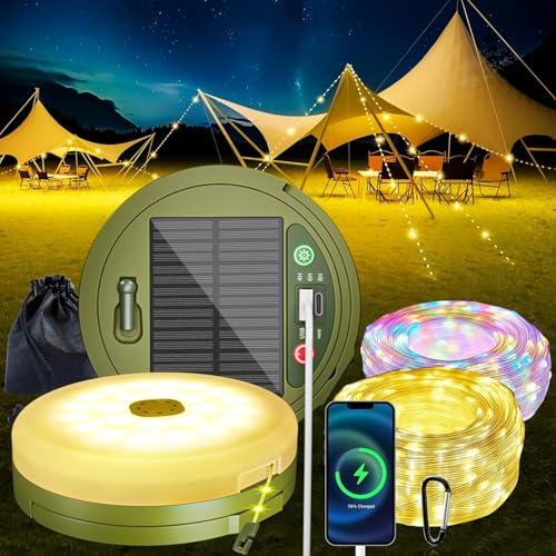 Solar-Campinglampe, IP65, mit LED-Lichterkette, 10 m, 8 Leuchtmodi, wiederaufladbar per USB/Solar, wasserdicht für den Außenbereich(Dünne Solarenergie) von wisdom line