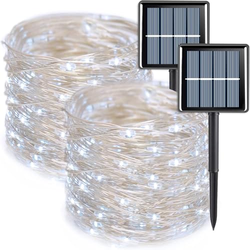 wisdom line Solar-Lichterkette, 2 x 20 m, 200 LEDs, 8 Leuchtmodi, wasserdicht, warmes Licht von wisdom line