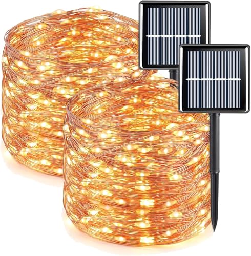 wisdom line Solar-Lichterketten für den Außenbereich, 2 Packungen mit je 20 Metern, 200 LEDs, 8 Beleuchtungsmodi, wasserdicht, Warmweiß von wisdom line