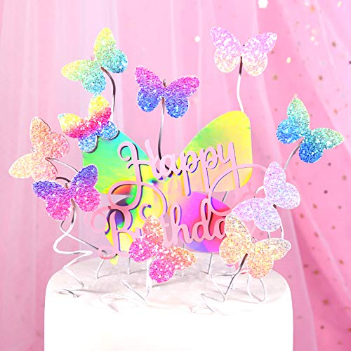 witgift 9 Stücke Schmetterlinge Geburtstag Kuchendekoration,Regenbogen Schmetterling Happy Birthday Kuchen Tortendeko,Cupcake Tortenstecker Kuchendeckel Topper für Mädchen Frauen Dame von witgift