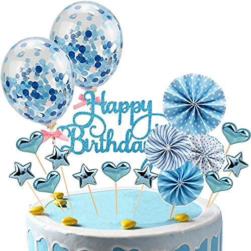 witgift Kuchendeko,Sterne Herz Tortendeko Cake Topper,Geburstagstorte Deko Kuchendeckel,Happy Birthday Kuchendeko,Konfetti-Luftballons und Papierfächer Kuchendekoration (Blau) von witgift