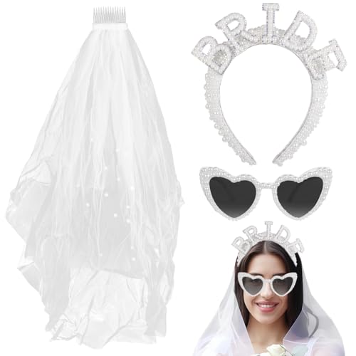 3-teiliges Braut Party Set mit Perlenschleier, Glitzer "Braut" Stirnband & Herz Sonnenbrille - Lustiges Hochzeitszubehör Geschenk für die zukünftige Braut 3-teiliges Braut Party Set mit Perlenschleier, Glitzer "Braut" Stirnband & Herz Sonnenbrille - Lustiges Hochzeitszubehör Geschenk für die zukünftige Braut von wkao