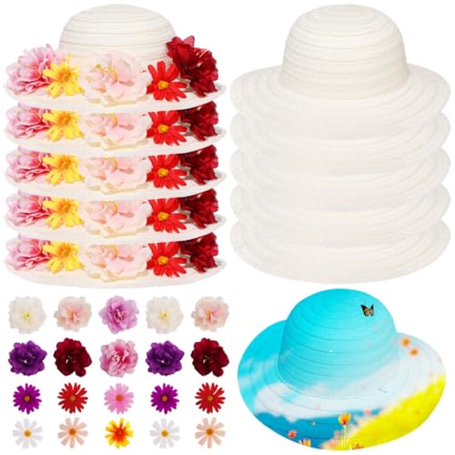 wkao Kreative Strohhüte zum Selbermachen, Set mit 60 künstlichen Blumen, Teepartys und Kostümveranstaltungen, Bastelset mit 10 Stück wkao Kreative Strohhüte zum Selbermachen, Set mit 60 künstlichen Blumen, Teepartys und Kostümveranstaltungen, Bastelset mit 10 Stück von wkao