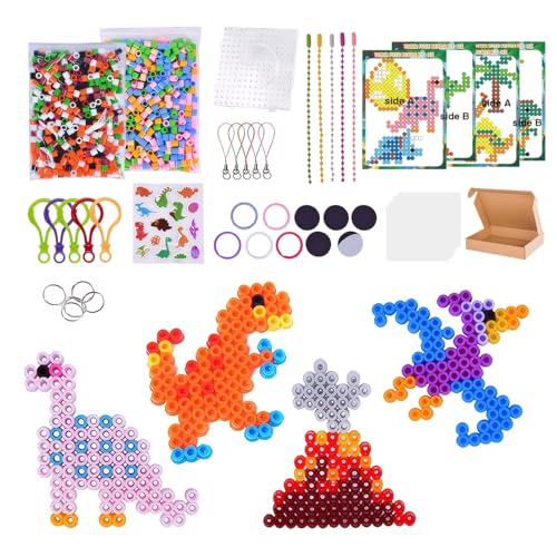 wlertcop 10mm Bügelperlen Dino Set, 10 Farben 1000 Stück XL Bügelperlen mit Steckplatte, 10 Tiere Muster, 15 Schlüsselbänder und Bügelpapier, Kreatives Perlenset für Kinder ab 3 Jahren von wlertcop