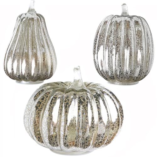 Sternennacht Kürbis, Halloween beleuchteter Glaskürbis, LED Herbstdekorationslampen mit Timer, Halloween Partytisch Festlich, für Schlafzimmer Flur Thanksgiving Tischdekoration(Silber) von wodjcks