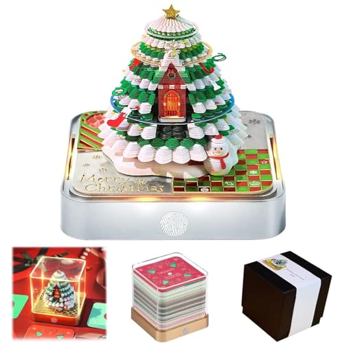 Weihnachtsbaum-3D-Kalender, 3D-Notizblock-Weihnachtsbaumhaus, Abreißbarer Papierkunst-Notizblock mit LED-Leuchten, Skulptur Kalender, DIY-Papierschnitzkunst, Schreibtischdekoration von wodjcks