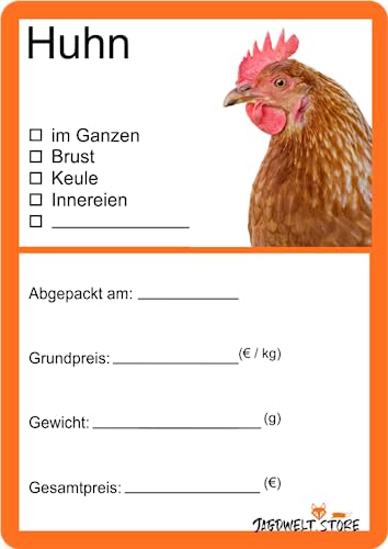 Wodtke-Werbetechnik Metzger-Etiketten 100 Stück, Wildfleisch, Fleisch, Wurst, 6 x 9 cm, Orange, Plastikfolie von wodtke-werbetechnik