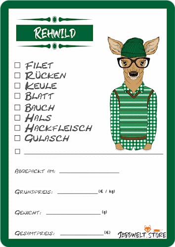 Wildbret Etiketten zur Kennzeichnung von Wildfleisch 6 x 9 cm Rehwild T-Shirt grün (100) von wodtke-werbetechnik