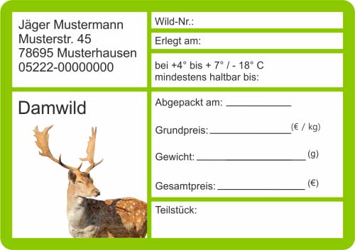 Wildbret Etiketten zur Kennzeichnung von Wildfleisch mit Adresse verschiedene Motive 9 x 6 cm (100 Stück, Damwild) von wodtke-werbetechnik