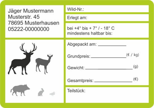 Wildbret Etiketten zur Kennzeichnung von Wildfleisch mit Adresse verschiedene Motive 9 x 6 cm (100 Stück, Neutral) von wodtke-werbetechnik