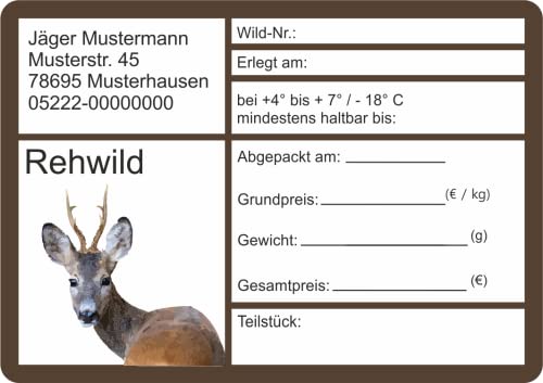 Wildbret Etiketten zur Kennzeichnung von Wildfleisch mit Adresse verschiedene Motive 9 x 6 cm (100 Stück, Rehwild) von wodtke-werbetechnik