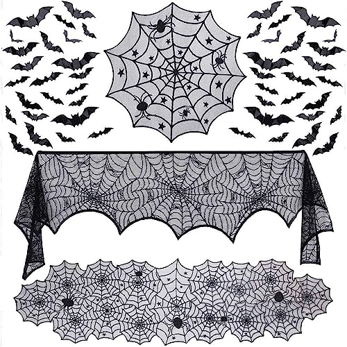 wohot 51pcs Halloween Deko Tischdeko, Halloween Tischläufer, Runde Spinnennetz Tischdecke, Halloween Kaminschal,3D Fledermaus Deko Sticker für Halloween Dekorations (51pcs) von wohot