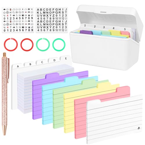 15 x 9,5 x 8,5 cm Karteikarten Box A6 mit 200 Weiße Index Cards, 150 Karteikarten Bunt, 10 PP-Indexkarten, 2 Buchstaben Aufkleber, 4 Ringe für Karteikarten, Lernkarteibox für Vokabeln und Formeln von wokdsbl