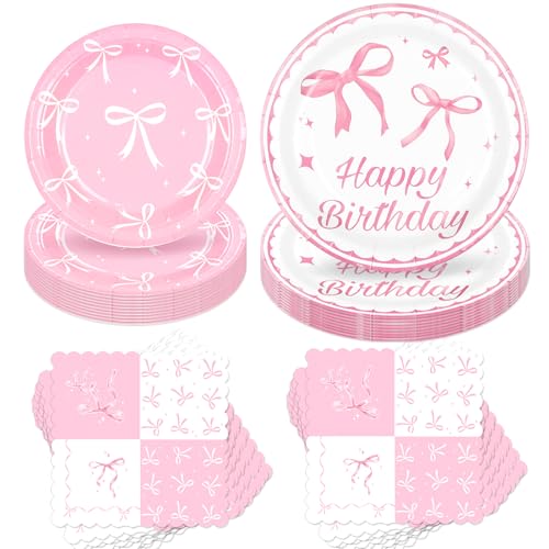 50 Stück Pink Bow Birthday Party Tableware Set, 7" & 9" Paper Plates, Napkins, Paper Cups for 10 Guests, Gender Reveal & Mädchen Kindergeburtstag Deko, Einweg Party Set von wokdsbl