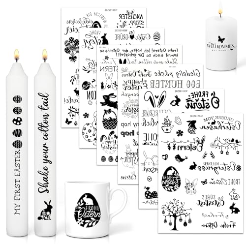 6 PCS Kerzentattoo Ostern,Wassertransferdruck,Schwarz Kerzenaufkleber Ostern Sticker,DIY Kerzensticker zum Verschenken für Kerzen,Keramik Kerzenaufkleber für Kerzen Dekorieren,Gedenklicht von wokdsbl