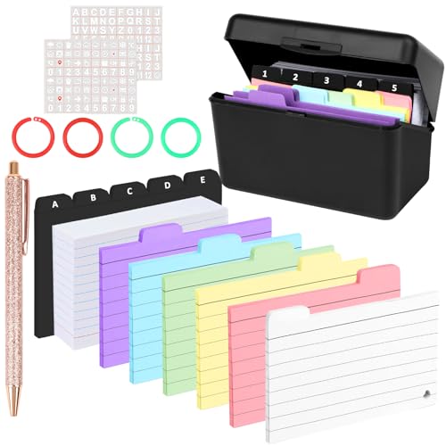 Schwarz 15 x 9,5 x 8,5 cm Karteikarten Box A6 mit 200 Weiße Index Cards, 150 Karteikarten Bunt, 10 PP-Indexkarten, 2 Buchstaben Aufkleber, 4 Ringe für Lernkarteibox für Vokabeln, Notizen und Formeln von wokdsbl