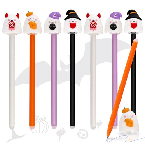 wokdsbl Halloween Stifte Radierbar – 8 Stück Gelstifte 0.5mm Blau Mit Radiergummi, Süße Ghost Design Stifte Für Kinder Schule Büro, Lustige stifte Halloween Schreibwaren Set von wokdsbl