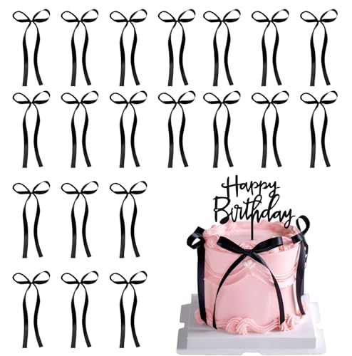 wokdsbl Tortendeko Geburtstag mit Happy Birthday Cake Topper und 20 Schleifen – Kuchendeko Schwarz – Elegante Tortendeko für Geburtstagskuchen, Party und Deko Idee für Mädchen & Jungen von wokdsbl
