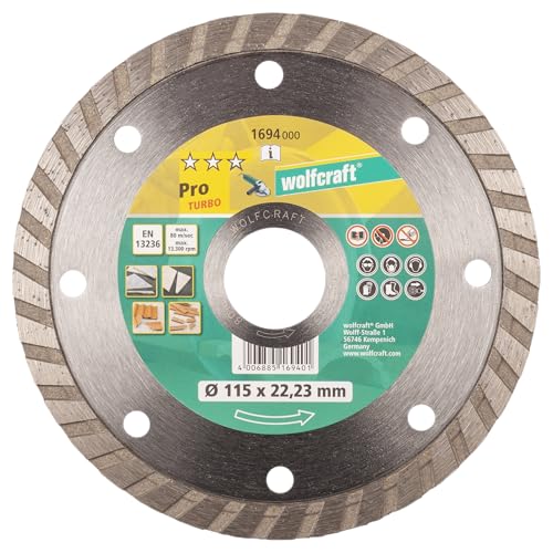 wolfcraft Diamant-Trennscheibe „Pro Turbo“ Ø 115 mm I 1694000 I für Klinker, Dachpfanne, Naturstein und Ziegel I für Winkelschleifer wolfcraft Diamant-Trennscheibe „Pro Turbo“ Ø 115 mm I 1694000 I für Klinker, Dachpfanne, Naturstein und Ziegel I für Winkelschleifer von wolfcraft
