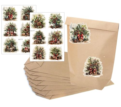 wolga-kreativ Aufkleber Sticker Geschenkaufkleber Weihnachten Advent Weihnachtssticker Etiketten 4 Blätter + 12 Blockbodenbeutel Kraftpapier Papierbeutel Geschenktüte Tanne von wolga-kreativ