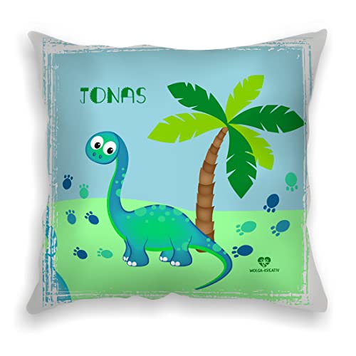 wolga-kreativ personalisiertes Kissen Dino 40x40 cm – Kuschelkissen mit Namen & süßen Kindermotiven – Geschenk zur Geburt, Taufe & Geburtstag – Namenskissen Bedrucken – Flauschiges Babykissen von wolga-kreativ