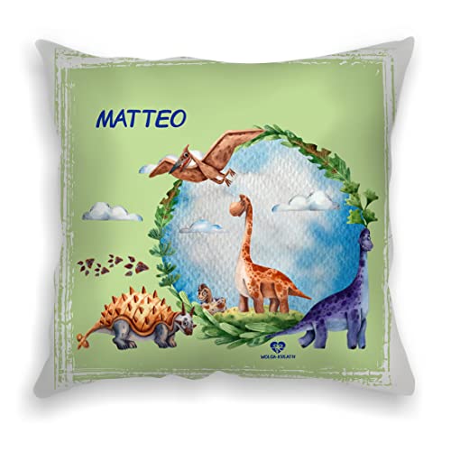 wolga-kreativ personalisiertes Kissen Dinowelt 40x40 cm – Kuschelkissen mit Namen & süßen Kindermotiven – Geschenk zur Geburt, Taufe & Geburtstag –Flauschiges Namenskissen von wolga-kreativ