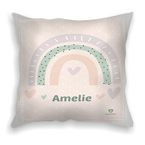 wolga-kreativ personalisiertes Kissen Regenbogen Herz 40x40 cm – Kuschelkissen mit Namen & süßen Kindermotiven – Geschenk zur Geburt, Taufe & Geburtstag – Flauschiges Babykissen von wolga-kreativ