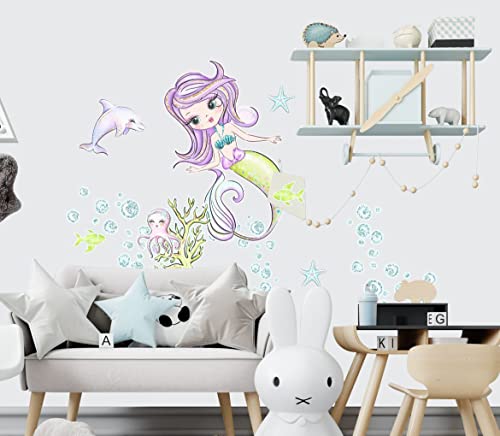 wolga-kreativ Wandtattoo Wandsticker Möbelsticker Aufkleber Wandbild Meerjungfrau Delfin M 80 x 70 cm Wanddeko Set Kinder- Spiel- Baby- Mädchen- Junge-n Zimmer von wolga-kreativ