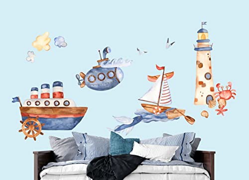 wolga-kreativ Wandtattoo Wandsticker Möbelsticker Aufkleber Wandbild Schiff Meer Fisch Segelschiff U-Boot Wanddeko Set Kinderzimmer Spielzimmer Babyzimmer Mädchen Junge-n Baby Zimmer von wolga-kreativ