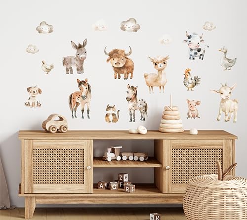 wolga-kreativ Wandtattoo für das Kinderzimmer, Wandsticker selbstklebend – Bauernhof-Tiere Set mit 19 Motiven, Pferd Kuh Esel Huhn von wolga-kreativ