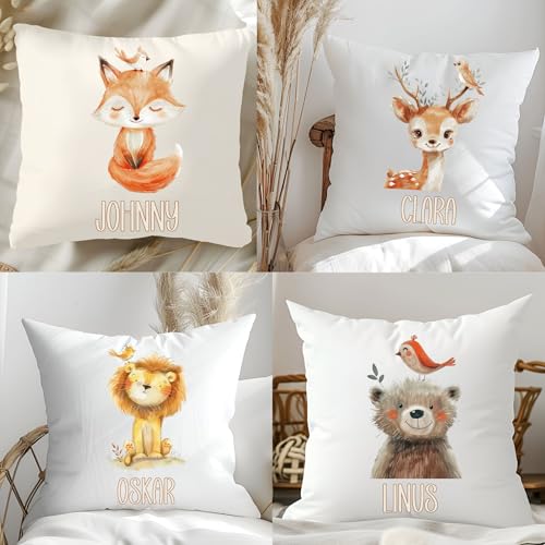 wolga-kreativ personalisiertes Kuschelkissen Kinder – Tier-Motive mit Namen – Löwe, REH, Katze & Bär – Geschenk für Jungen und Mädchen – Flauschiges Babykissen – Bedruckt in Deutschland von wolga-kreativ