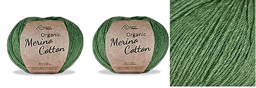 2-er Pack Rellana Wolle Organic Merino Cotton Biowolle zum Stricken oder Häkeln, 55% Schurwolle - GOTS zertifiziert, 45% Baumwolle - GOTS zertifiziert (132 grün) von wolldealer 24