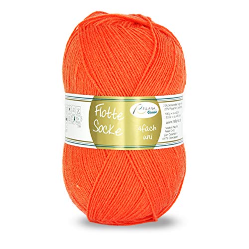 Rellana Flotte Socke uni,100 Gr. 4-fädige Sockenwolle, 75% Schurwolle(Superwash)/25% Polyamid, (924 orange) von wolldealer 24